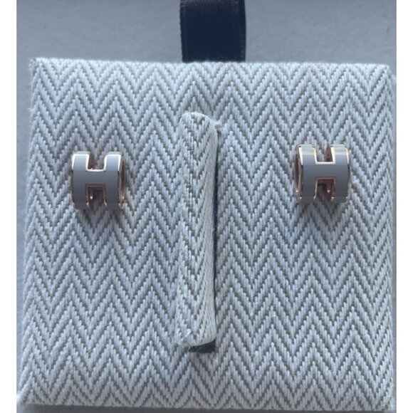 Hermès "H" Rose Gold & White Enamel Stud Earrings In Box - Picture 1 of 10
